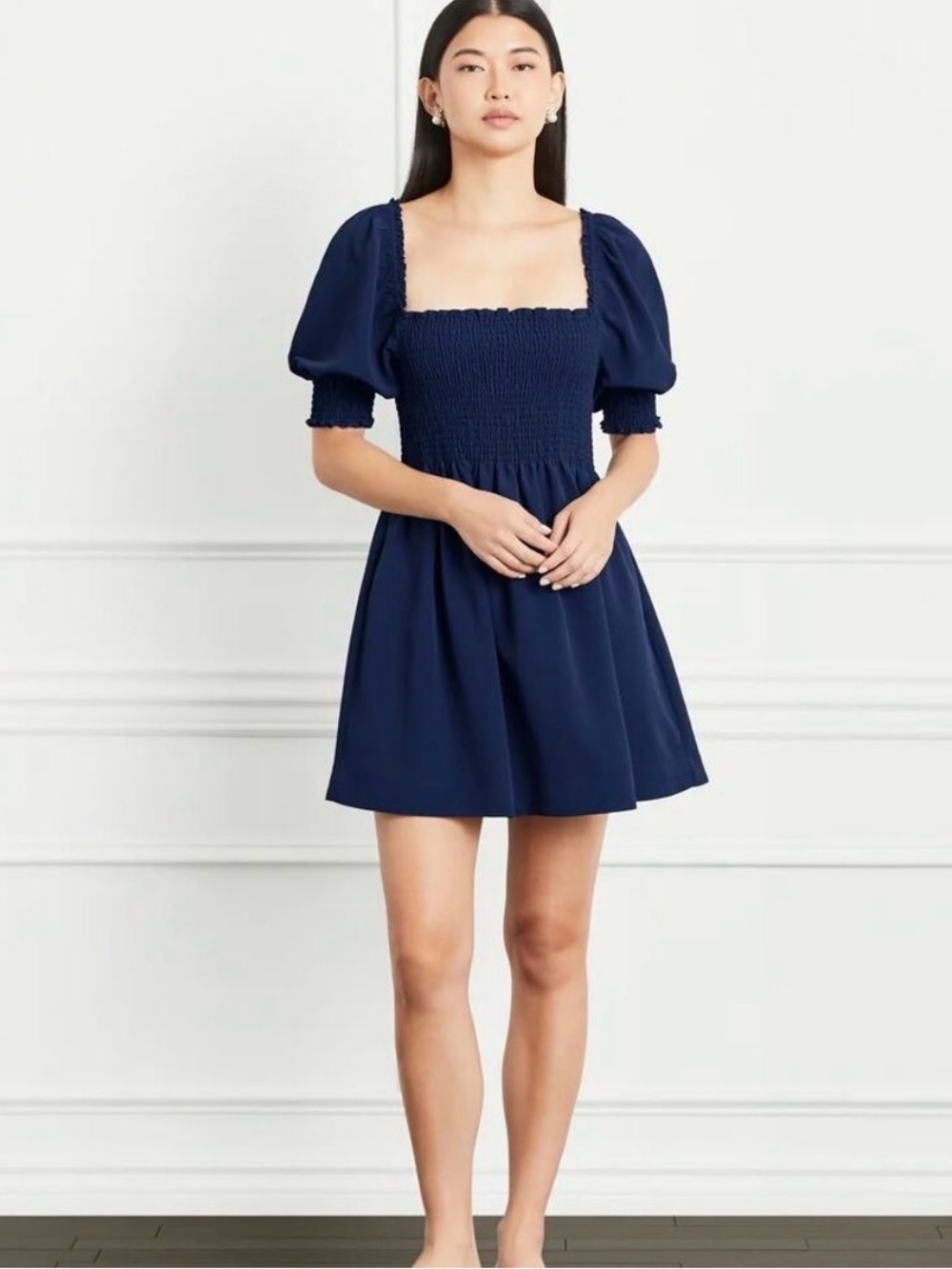 Hill House Navy Smocked Square-Neck Puff Sleeve Mini Dress
